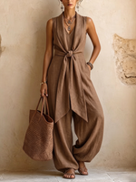 Minimalist Elegant Knotted Cotton-linen Jumpsuit