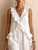 Minimalist Elegance Ruffled Cotton-linen Jumpsui