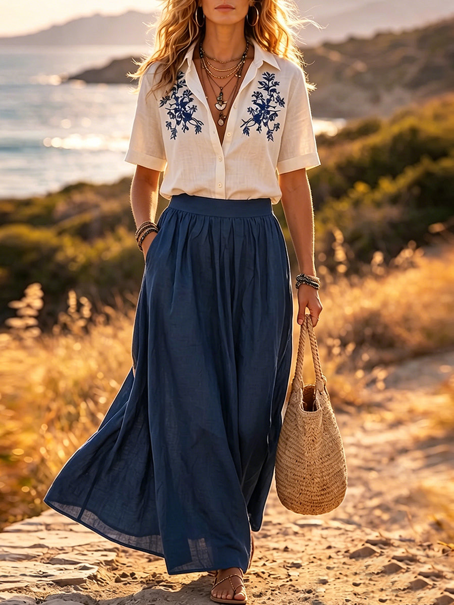 Vintage-style Floral Cotton-linen Two-piece Vacation Set