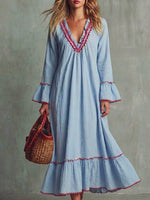 Women's Ruffled Art Casual Long Sleeve Cotton Linen Maxi Dress