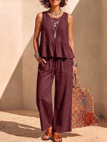 Women's Solid-color Cotton-linen Set: Sleeveless Round-neck Loose-fit Top & High-waisted Wide-leg Pants