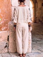 Women's Vintage Placement-print Cotton-linen Set: Casual Loose-fit Top Round Neck 3/4 Sleeves& High-waisted Wide-leg Pants