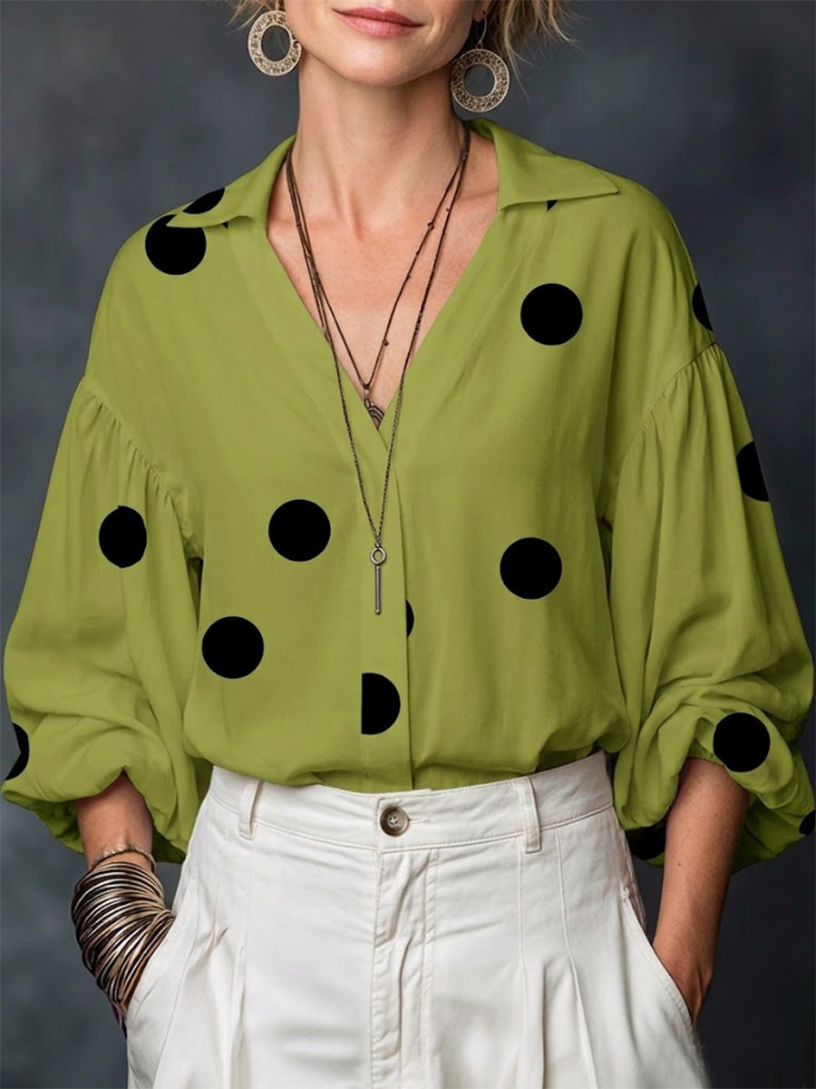 Polka-dot Loose-fitting Top With A Partial Button-front Neckline And Long Puff Sleeves