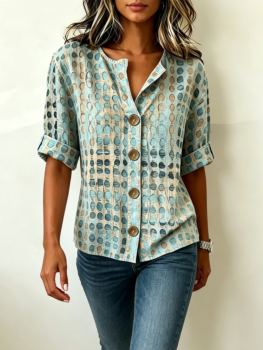 Artistic Watercolor Polka-dot Print Cotton-linen Henley Shirt