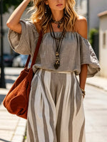 Women's Off-the-shoulder Art Comfortable Casual Top And Striped Pants Cotton Linen Two-piece Set