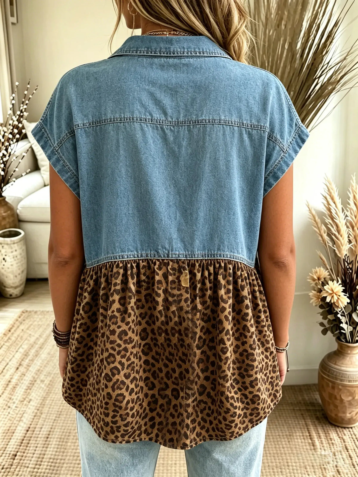 Women's Denim Leopard Patchwork Short-Sleeve Shirt