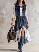 Women's Leopard Print Lace Spliced Denim Vest Irregular Midi Skirt Set