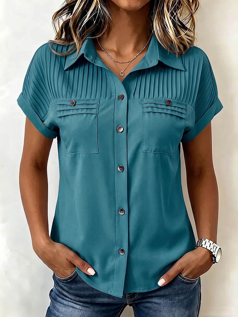Women's Solid-color Short-sleeve Cotton-linen Shirt With Lapel, Pleated Detail, And Loose Casual Fit