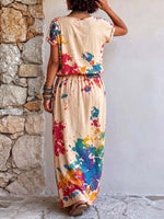 Women's Cotton-linen Set: Abstract Placement-print Crew-neck Short-sleeve Loose Casual Top & High-waisted A-line Skirt