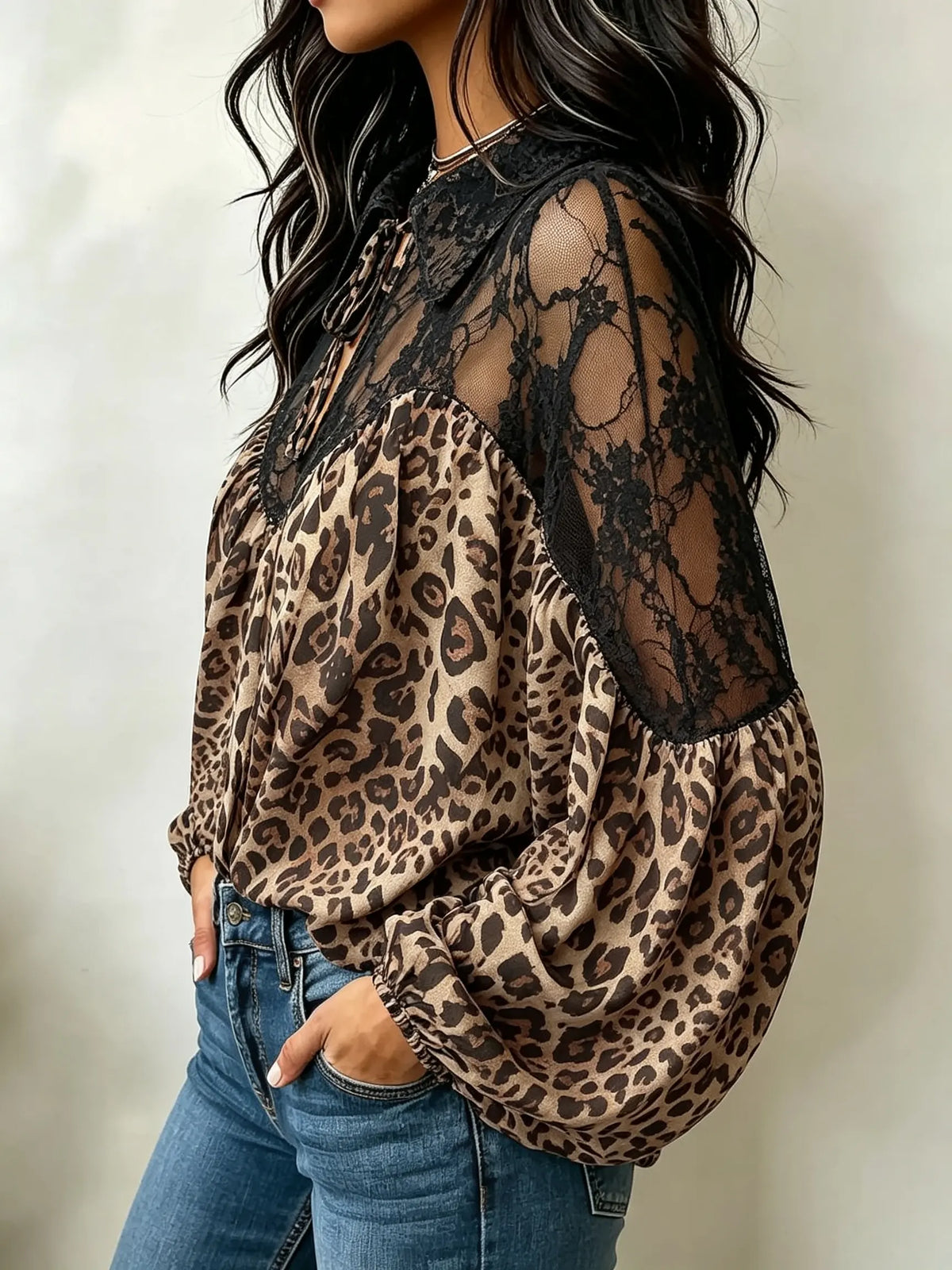 Women's Leopard Print Sheer Black Lace Spliced Puff Long Sleeve Blouse