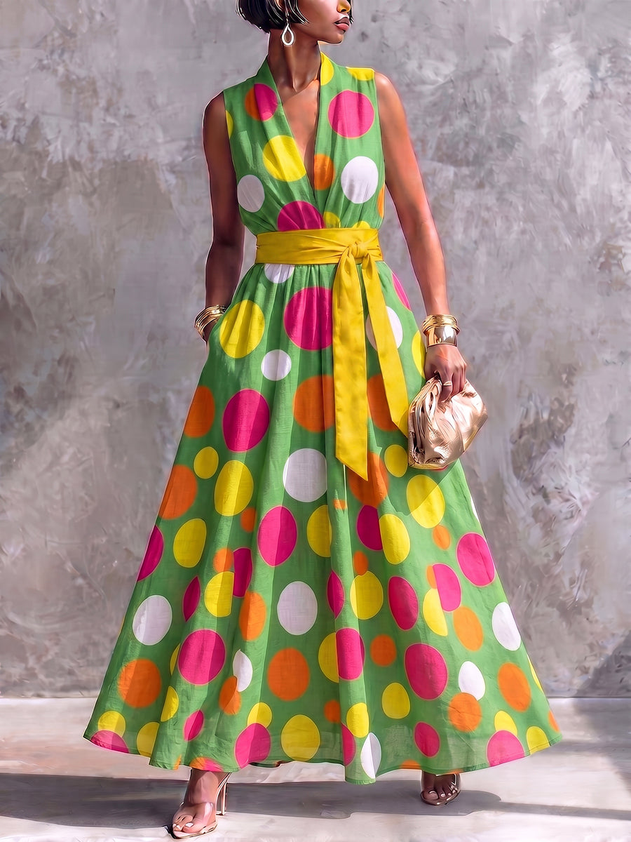 Artistic Polka-dot Print Dress With A Belt
