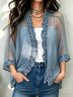 Women's Denim Ruffle Mesh Cardigan