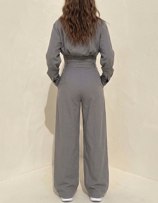Women's Two-piece Casual Utility Set Featuring A Short, Stand-collar Zip-up Jacket And Wide-leg Trousers With A Tie-waist.