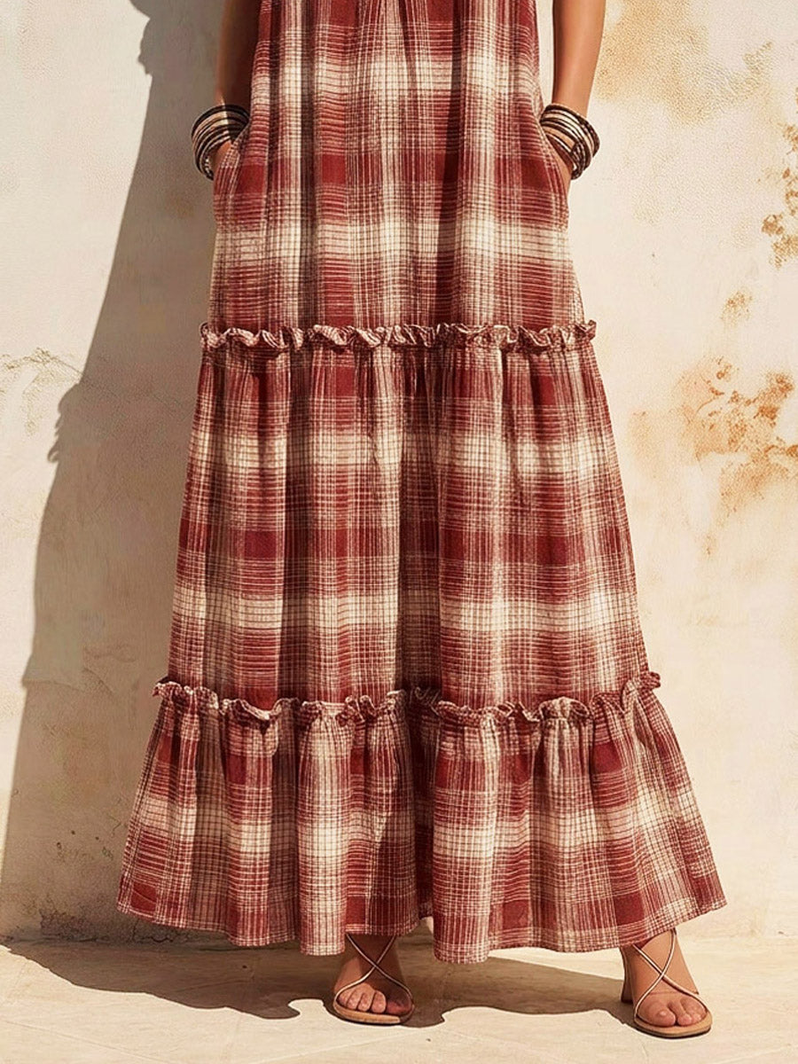 Women's Plaid Pattern Art Ruffled Casual Stylish Cotton Linen Maxi Dress