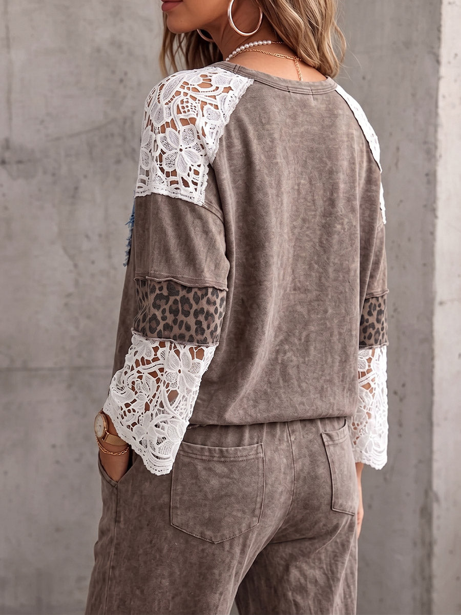 Vintage Elegant Floral Embroidered Cutout Lace Leopard Patchwork Denim T-shirt