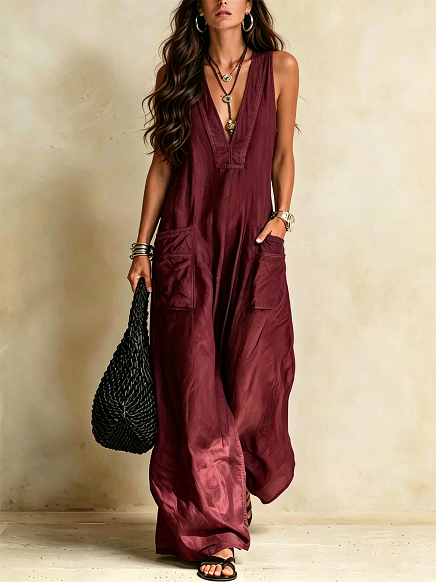 V-neck Sleeveless Loose-fit Utility Jumpsuit With Large Patch Pockets