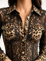 Women's Sheer Lace Leopard Trim Blouse