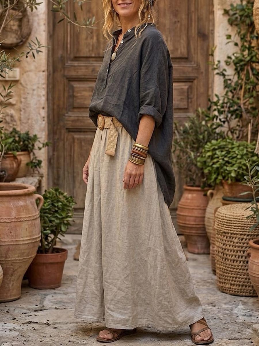 Women's Cotton-linen Set: Solid-color Stand-collar Long-sleeve Loose Casual Top & High-waisted A-line Skirt