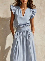 Women's Striped Ruffled Sleeve Art Stylish Casual Top And Skirt Two-piece Set
