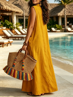 Collared, Sleeveless, Full-button, Loose-fit Long Shirt Dress