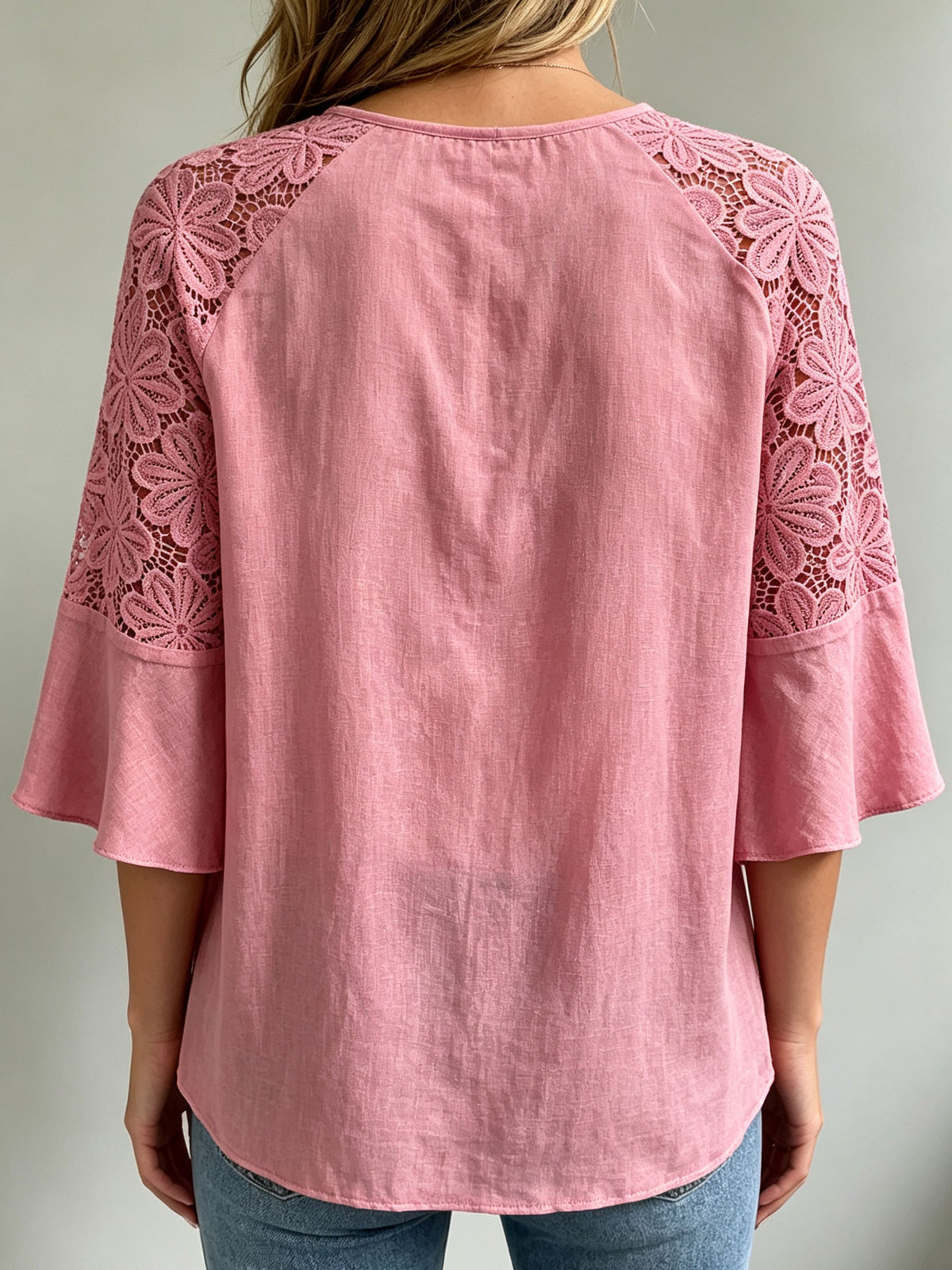 Women’s Floral Lace Raglan Bell Sleeve Tie Neck Casual Blouse