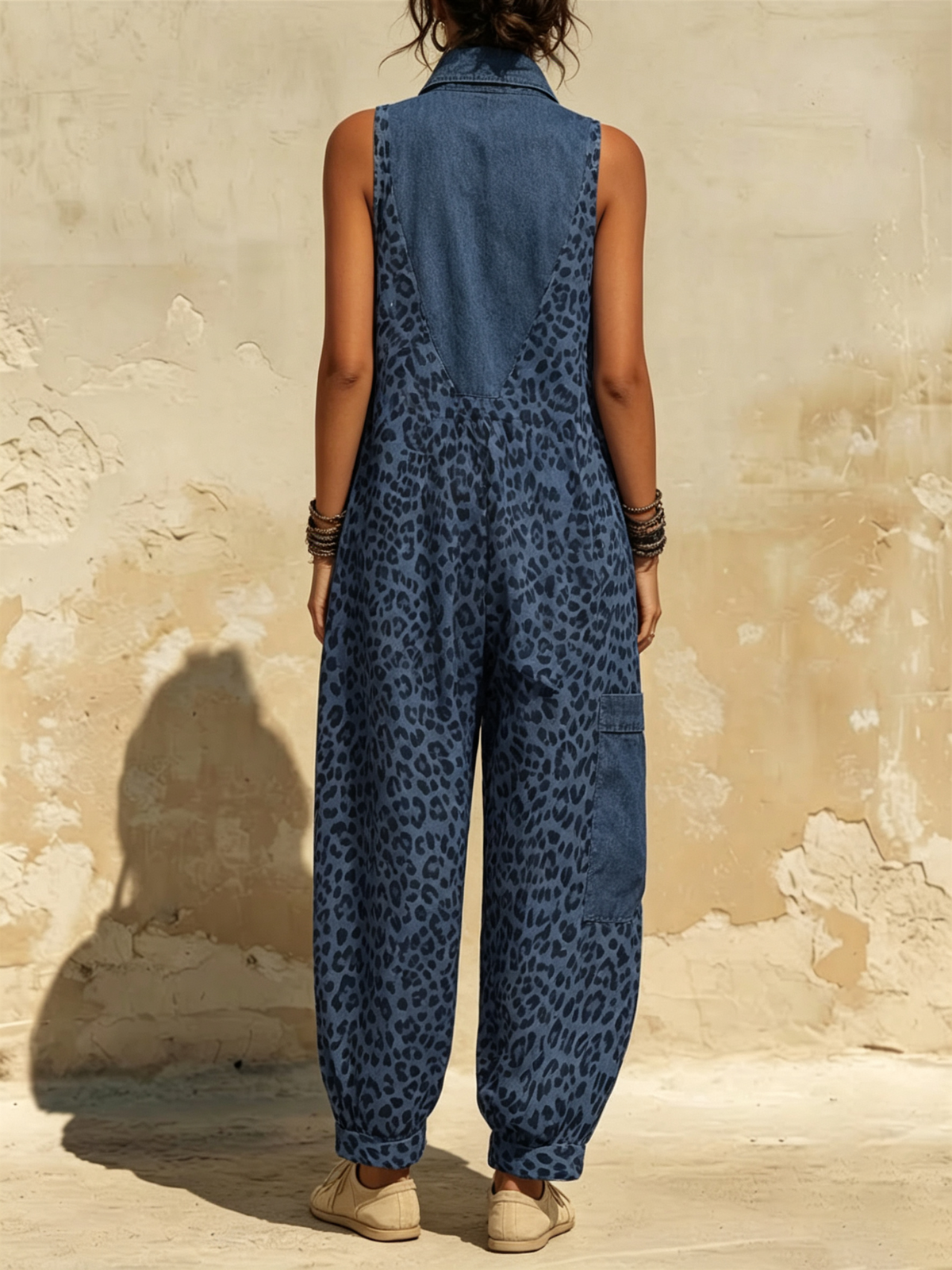 Denim Lapel Fake Two-piece Splice Blue Leopard V-neck Sleeveless Loose Cuffed Harem Jumpsuit