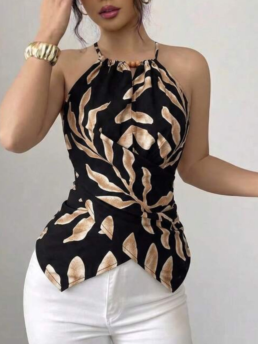 Printed Sleeveless Wrap-style Linen And Cotton Top