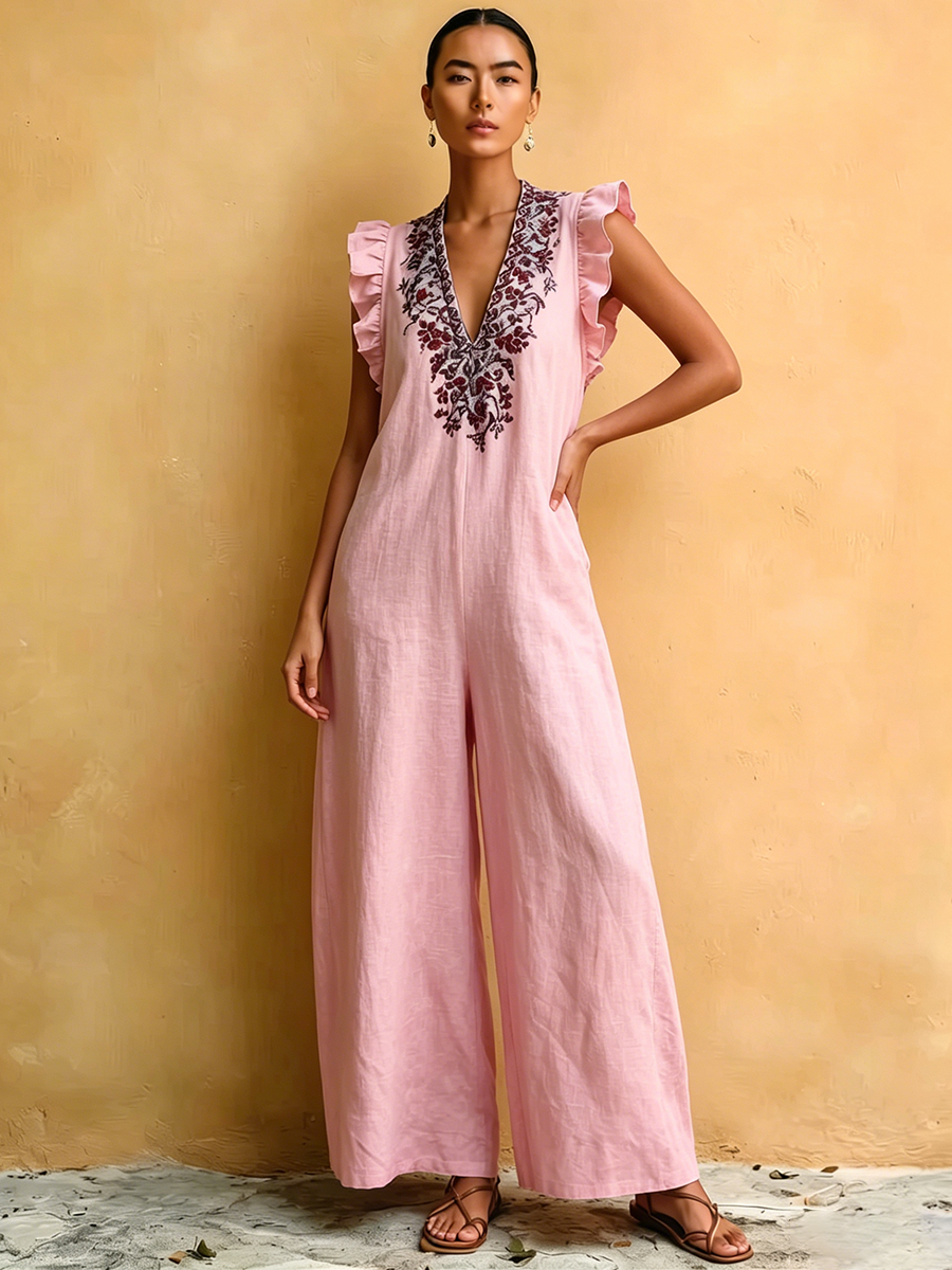 Bohemian Floral Print Comfortable Cotton-linen Jumpsuit