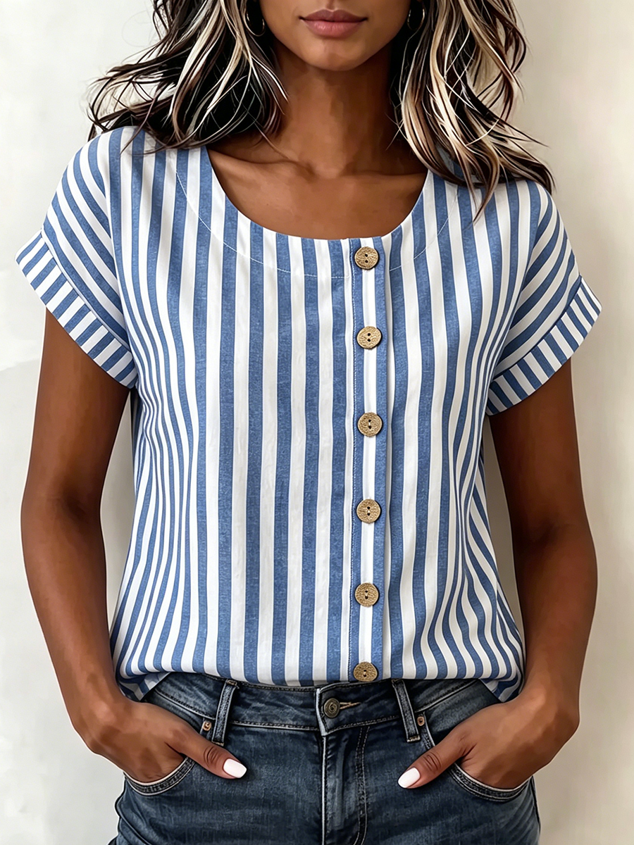 Resort-ready Vertical Stripe Short Sleeve Shirt With Vintage Buttons