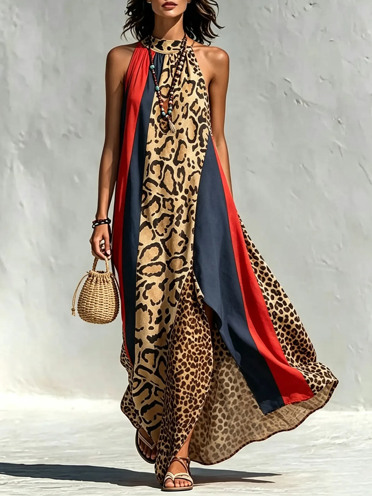 Women's Leopard Color Block Stripe Halter Slit Maxi Dress