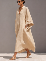 Minimalist Beige Cotton-linen Zip-front Caftan Maxi Dress