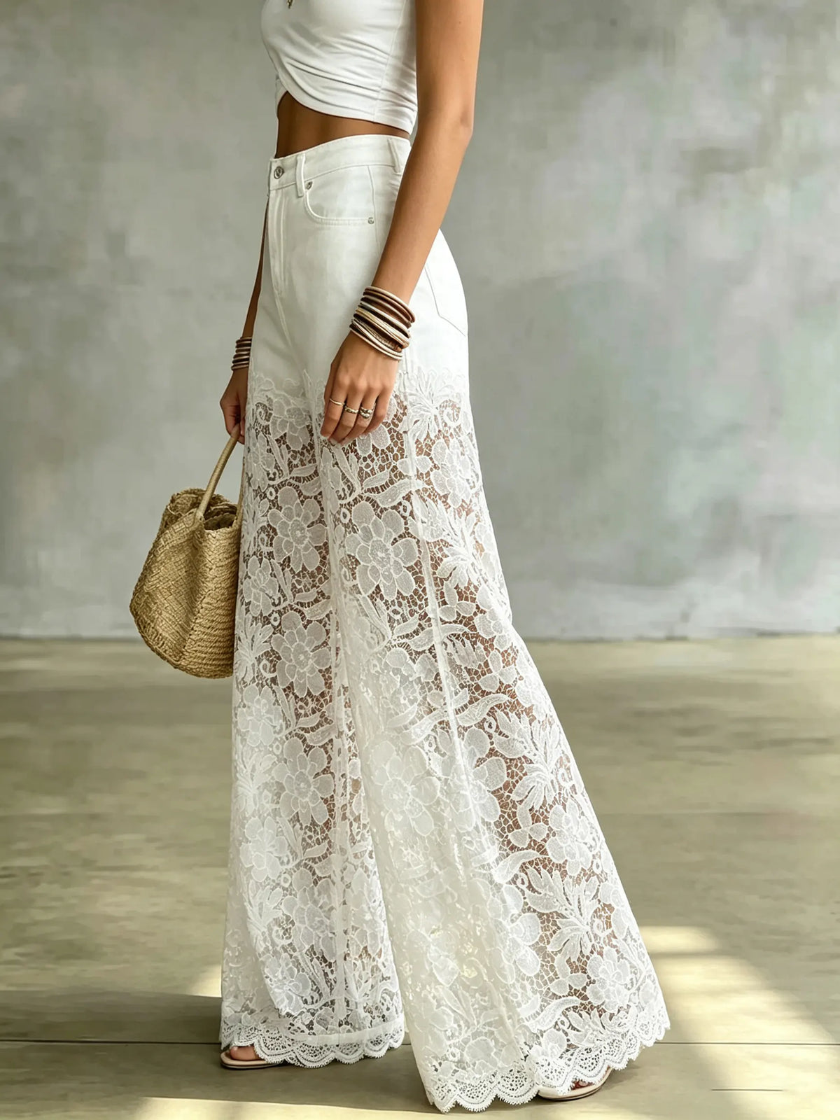Women's Denim and Sheer Lace Wide-Leg Pants