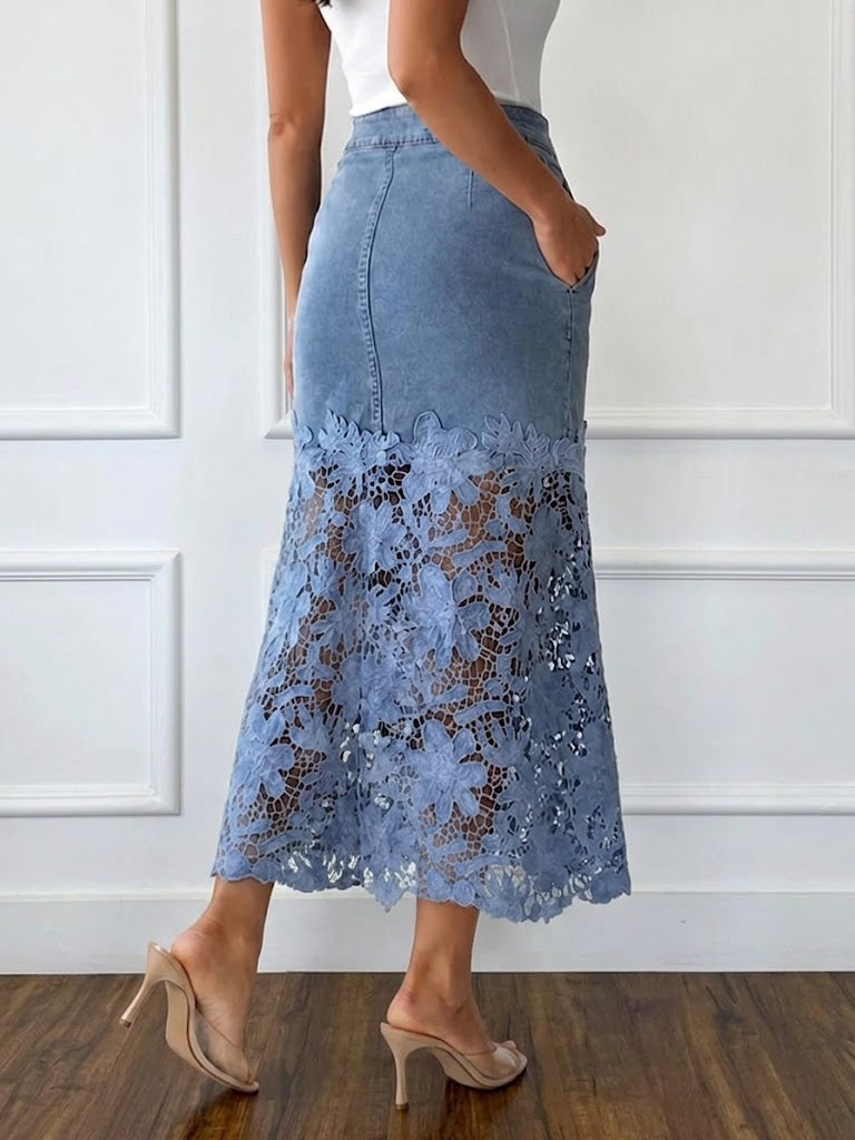 Stylish Casual Paneled Lace-and-denim Skirt