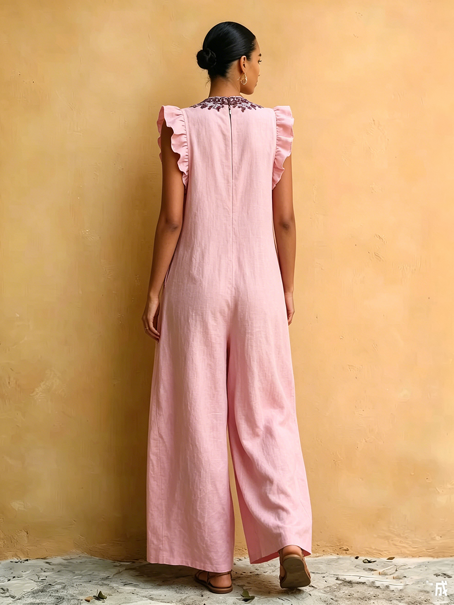 Bohemian Floral Print Comfortable Cotton-linen Jumpsuit
