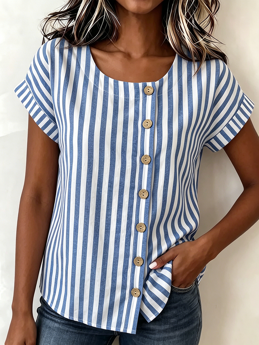 Resort-ready Vertical Stripe Short Sleeve Shirt With Vintage Buttons