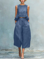 Women's Casual Stylish Ruffled Loose Sleeveless Top And Pants Linen Two-piece Set