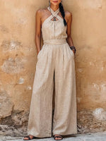 Women's Solid Color Halter-neck Sleeveless Casual Loose Cotton-linen Wide-leg Jumpsuit