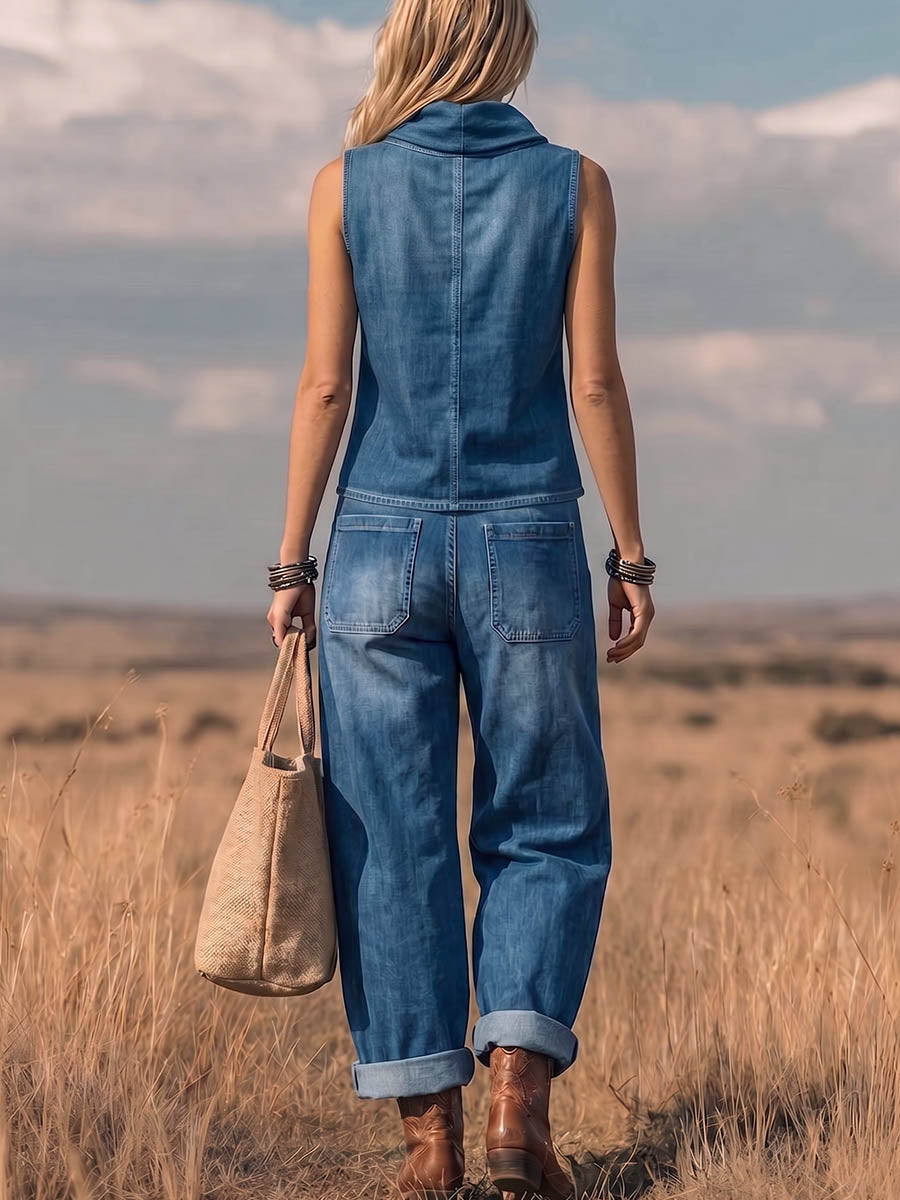Women's Casual Loose Denim Set: Sleeveless Mock-neck Top And High-waisted Wide-leg Pants