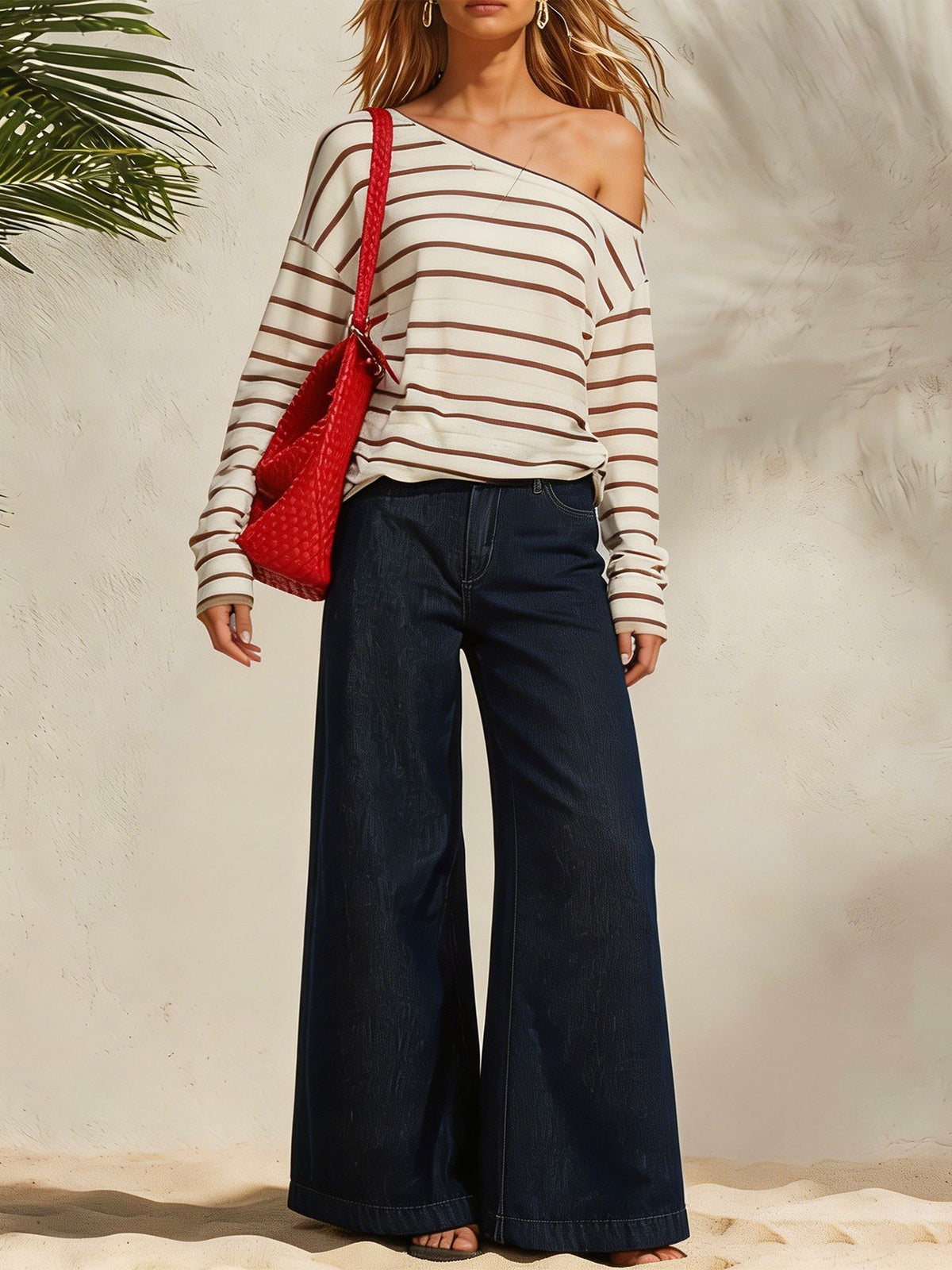 Women’s Off Shoulder Striped Loose Long Sleeve Cotton Linen Top