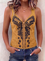 Women's Vintage Placement-print V-neck Sleeveless Casual Loose Cotton-linen Top