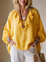 Sunny Ruffled Cotton-linen Blouse With Adjustable Sleeves