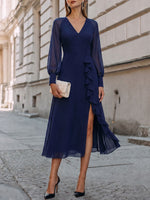 Women's Solid Color V-neck Long-sleeve Loose Casual Chiffon Dress