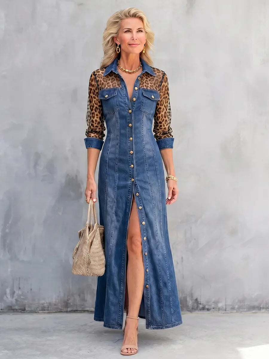 Edgy Denim & Sheer Leopard Print Maxi Dress