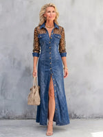 Edgy Denim & Sheer Leopard Print Maxi Dress