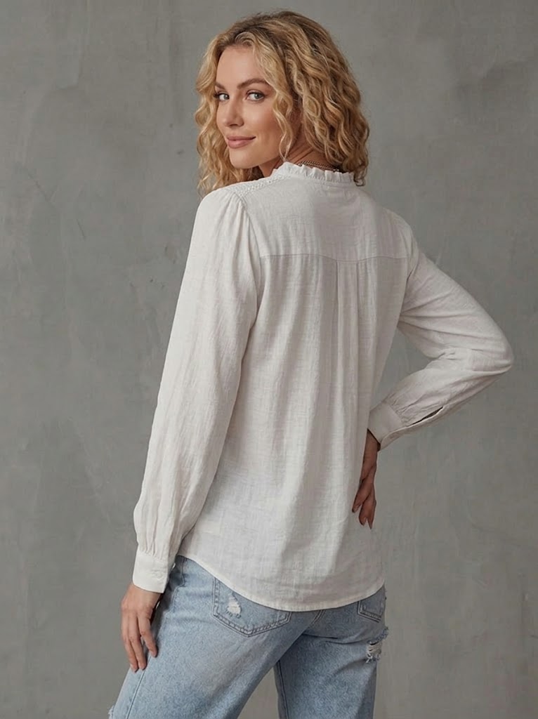 Stylish Cotton-linen Shirt Featuring Lace Paneling.
