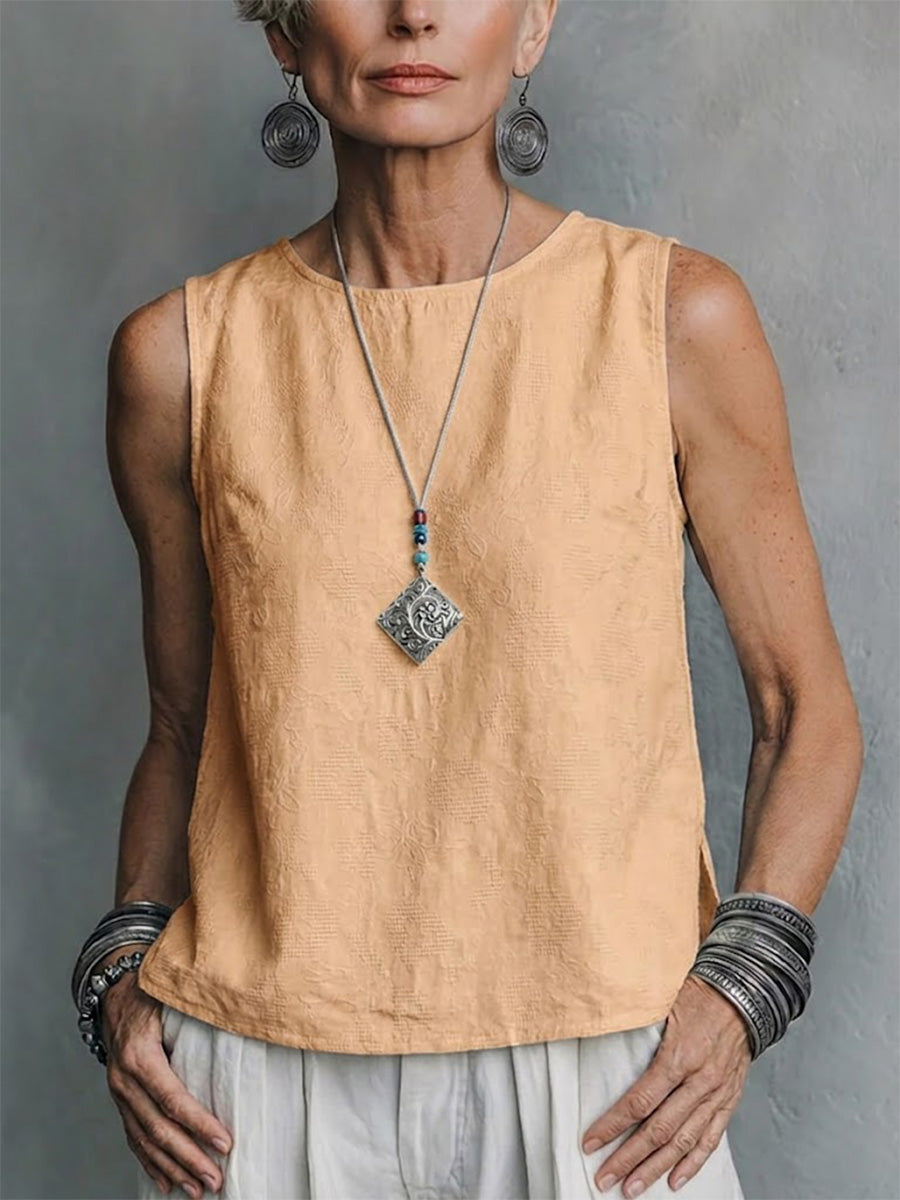 Cotton And Linen Jacquard Sleeveless Loose Slimming Artistic Casual Vest Pure Cotton Top