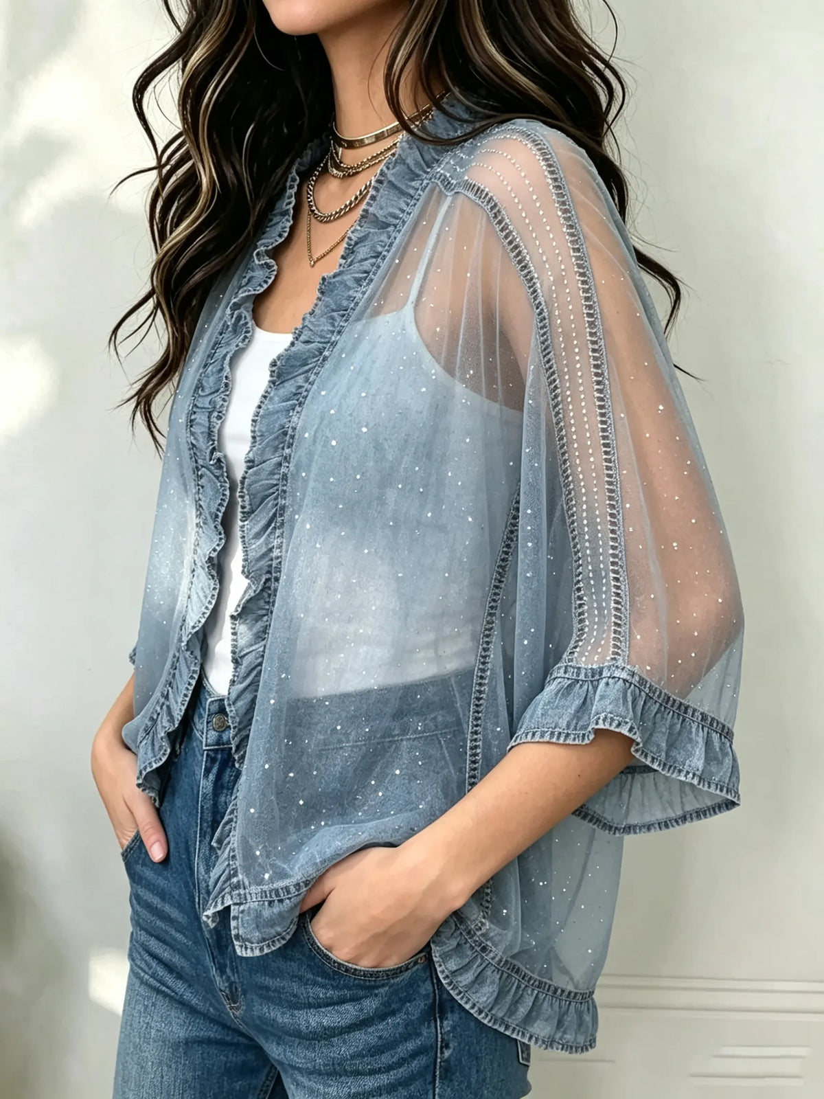 Women's Denim Ruffle Mesh Cardigan