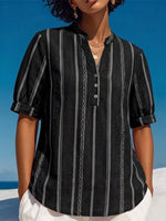 Vertical-striped, Mandarin-collar, Short-sleeve Slub Linen Top With A Small V-neck And Partial Button Placket