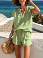 Women's Solid Color Art Stylish Casual Short Sleeve Top And Pants Breathable Two-piece Set