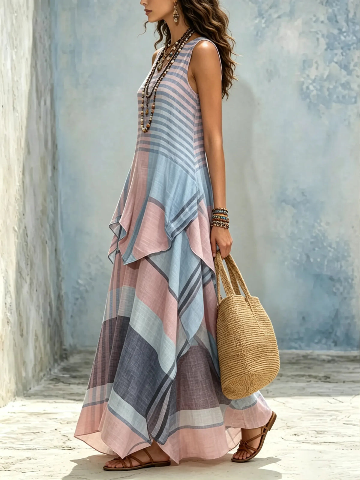 Women Pink Blue Contrast Horizontal Stripe Sleeveless Irregular Flowy Vacation Maxi Dress
